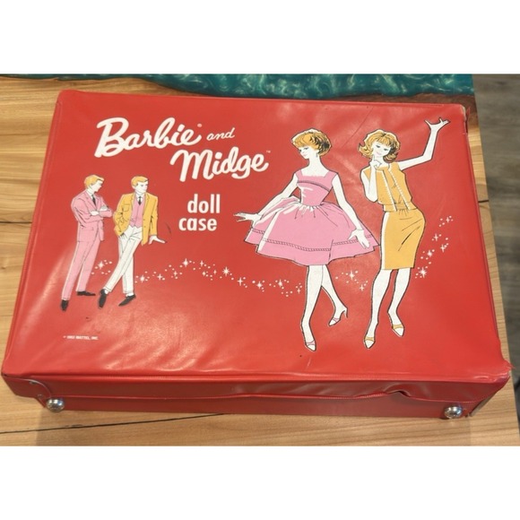 Vintage 1963 Barbie and Midge Red Vinyl Doll Case Mattel w/ Outfits Accessories - Picture 6 of 16